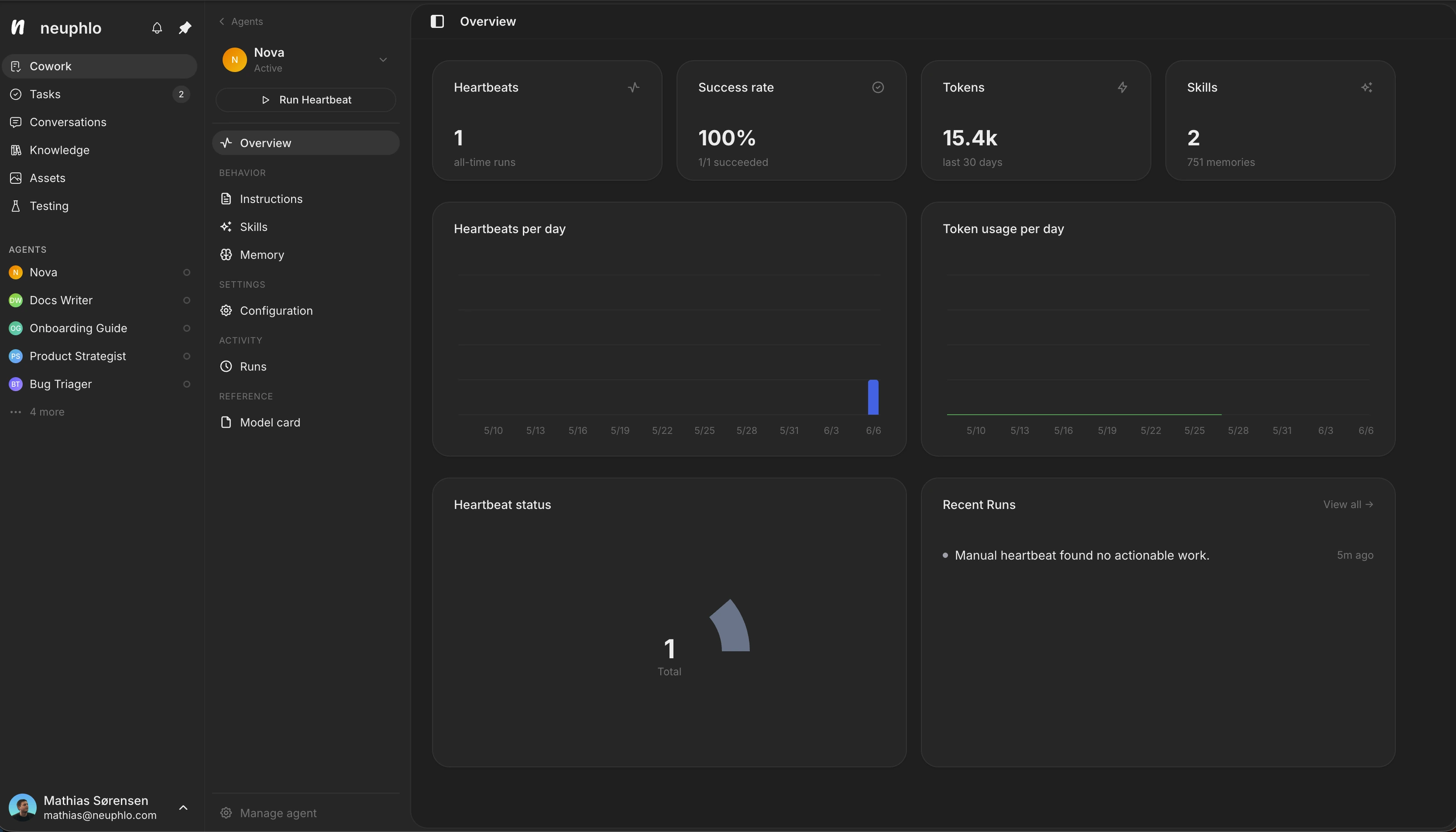 An agent's overview — heartbeat and token-usage charts, memory count, skills, and success rate