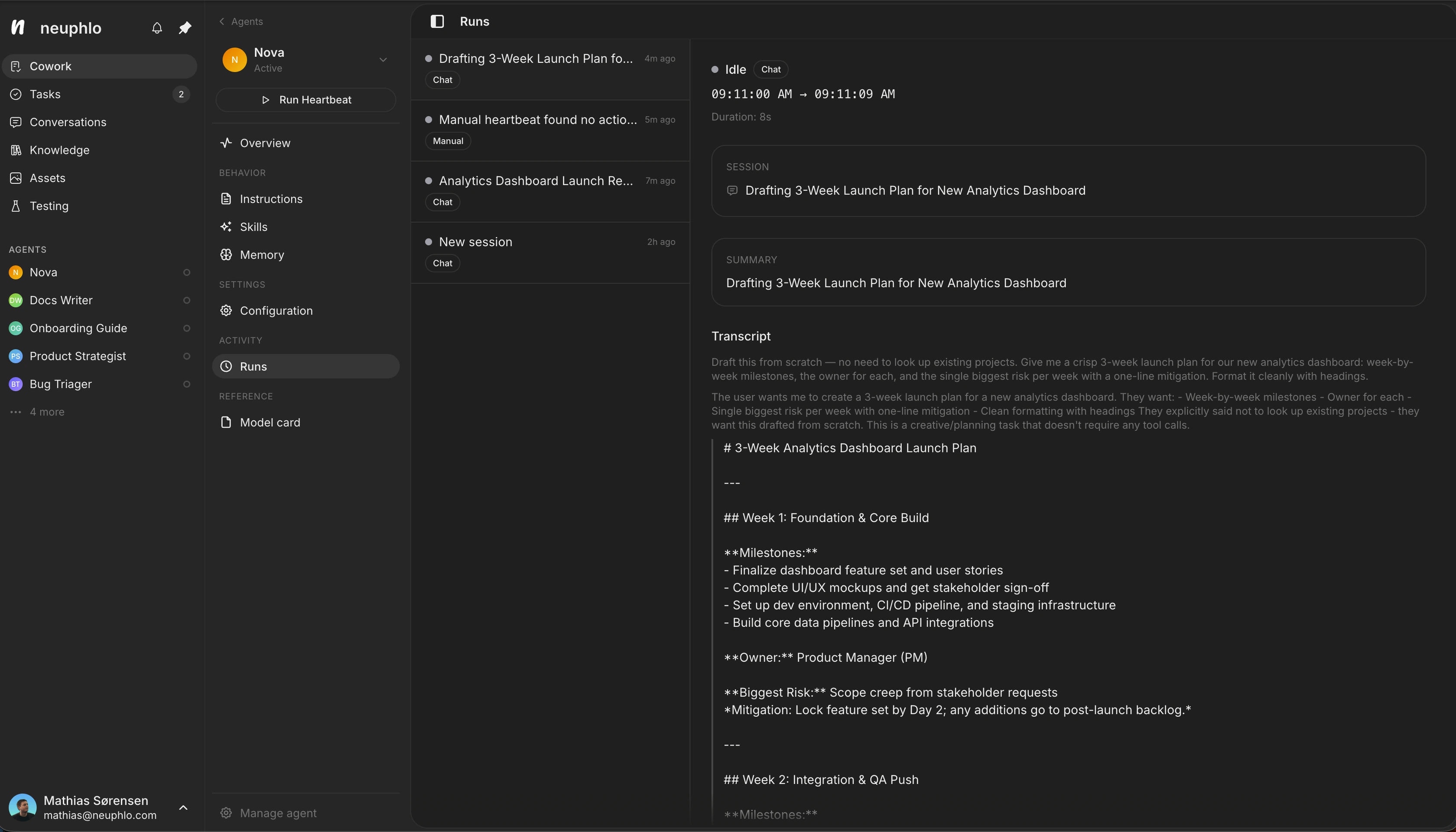 An agent's run history — transcripts, durations, and summaries for every chat and heartbeat run
