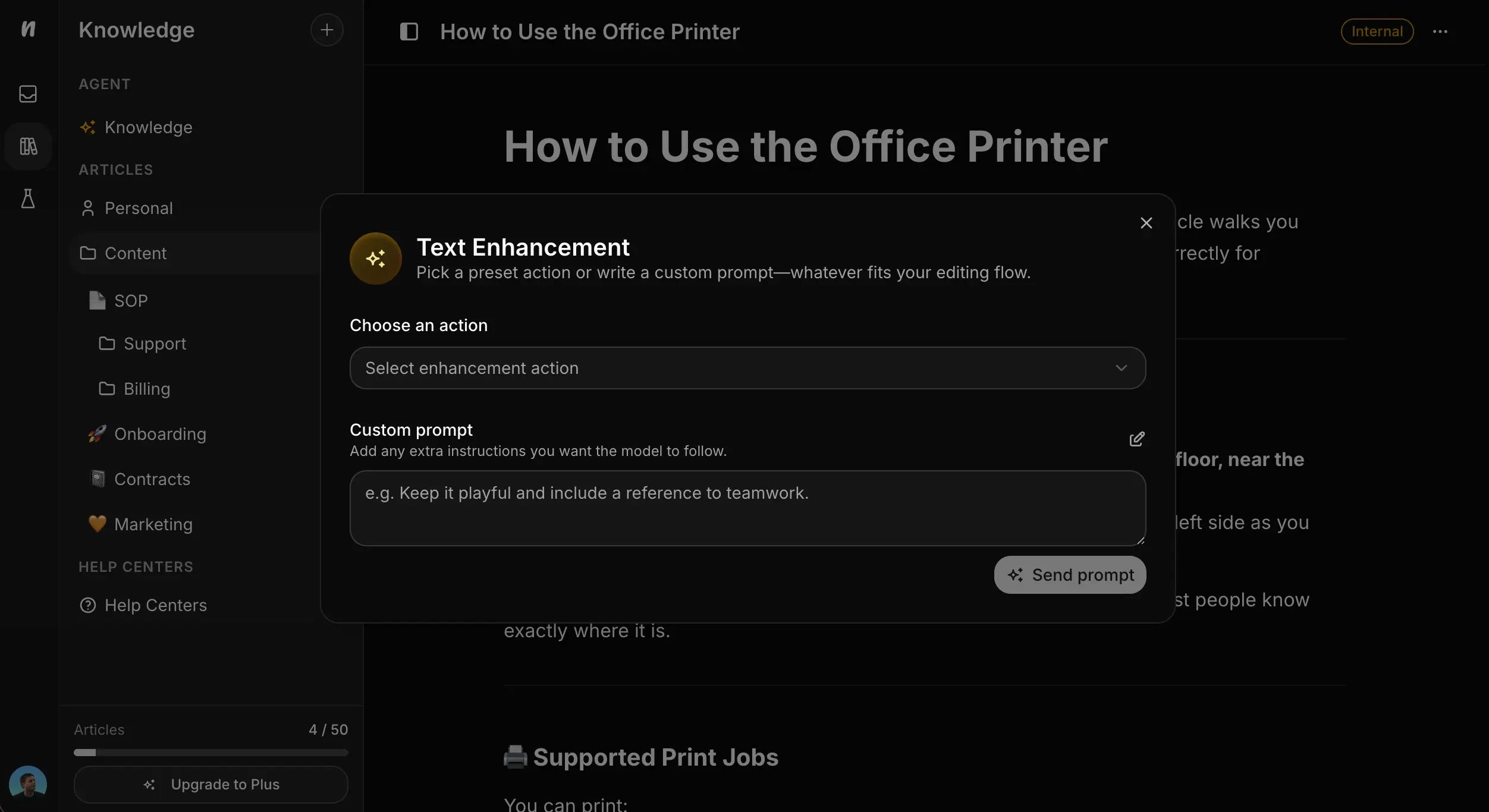 AI text enhancement controls in the knowledge editor