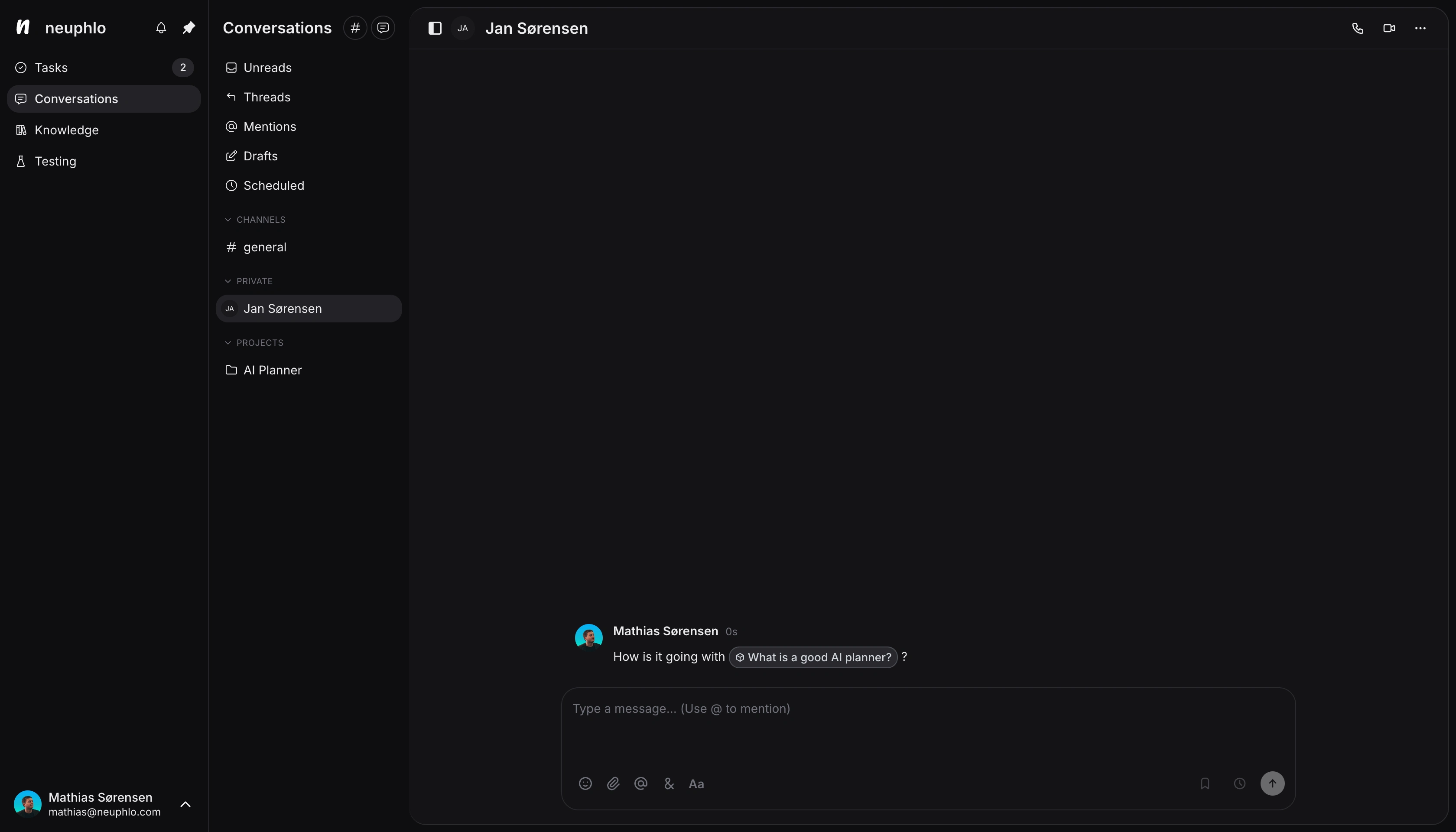 Neuphlo conversations interface showing team communication