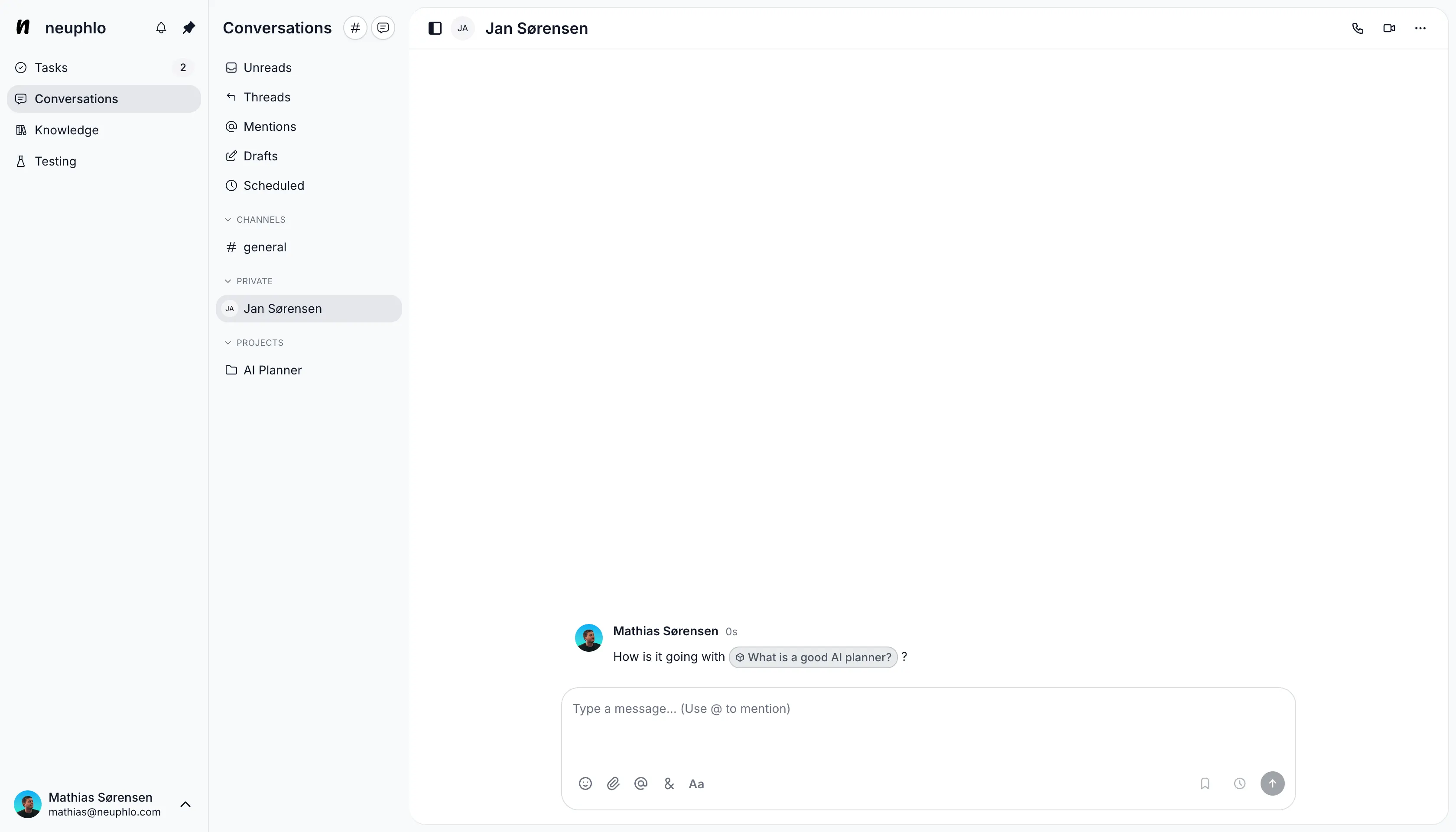 Neuphlo conversations interface showing team communication