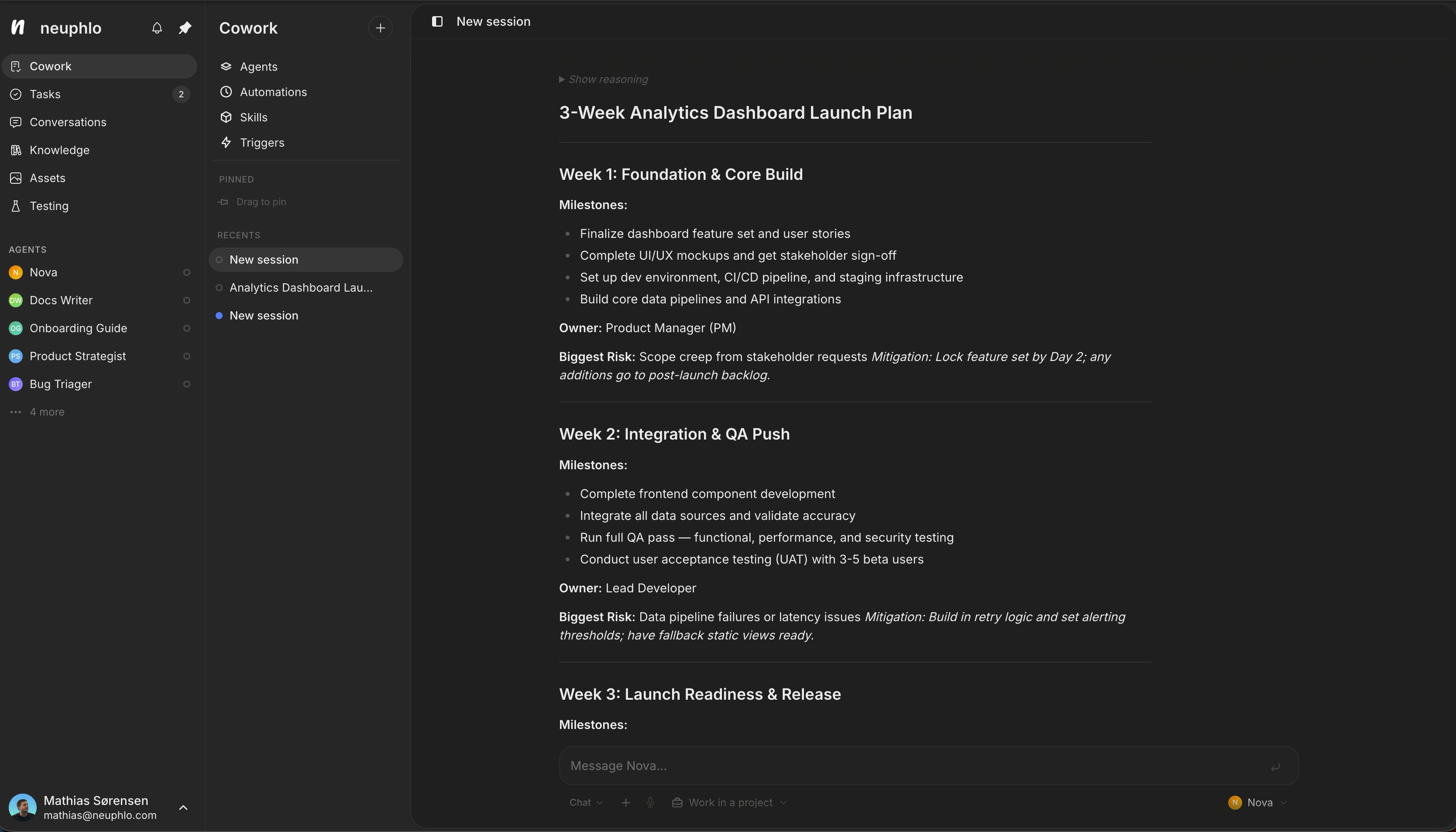 An agent delivering a structured launch plan in a Cowork session