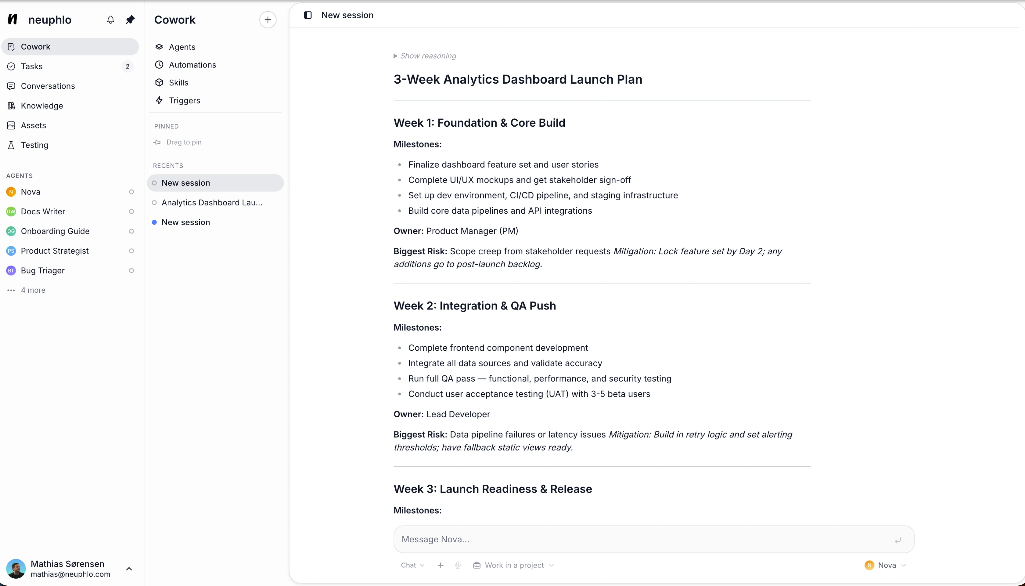 An agent delivering a structured launch plan in a Cowork session