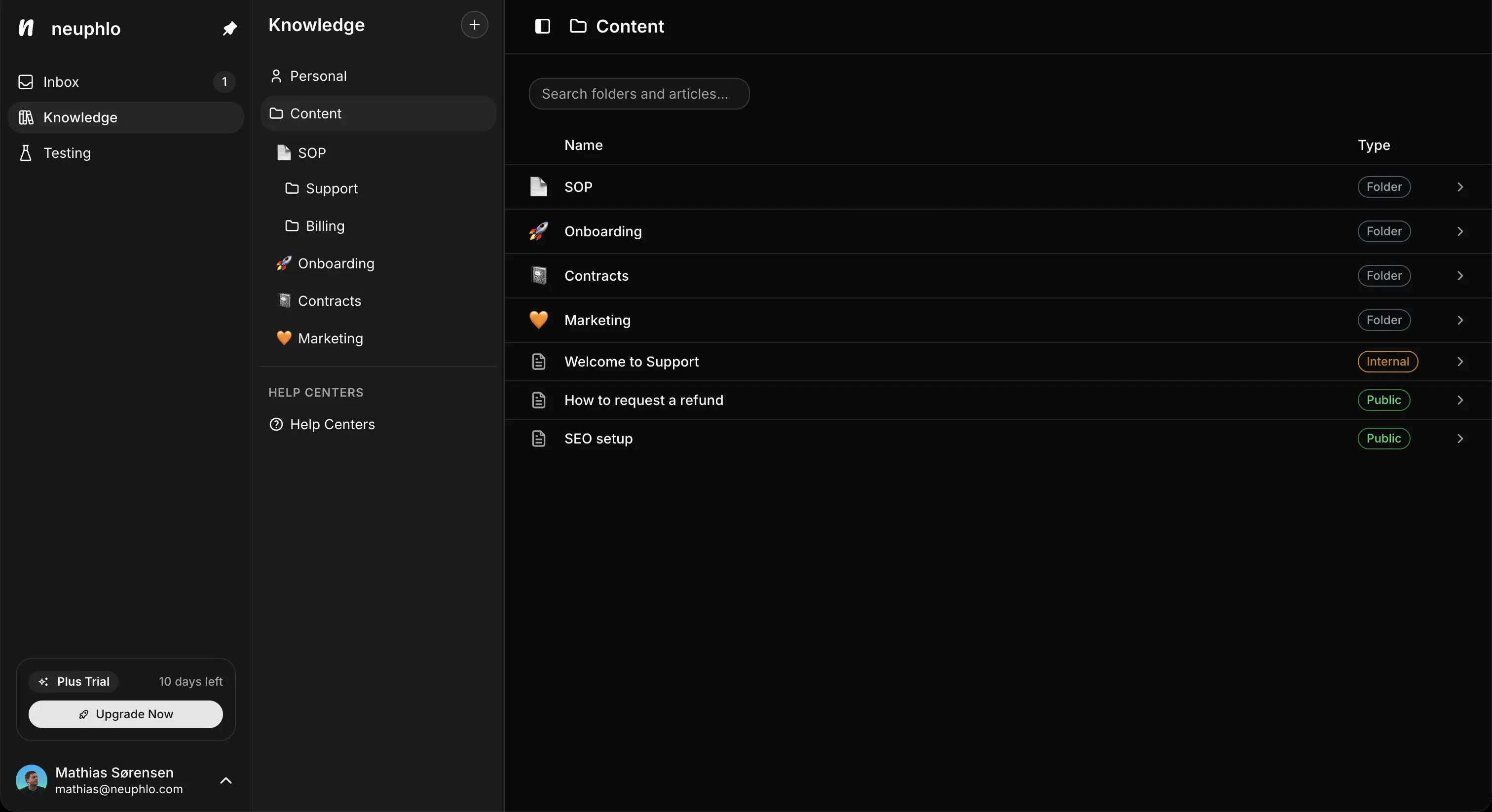 Neuphlo knowledge base interface showing folder structure and documentation organization