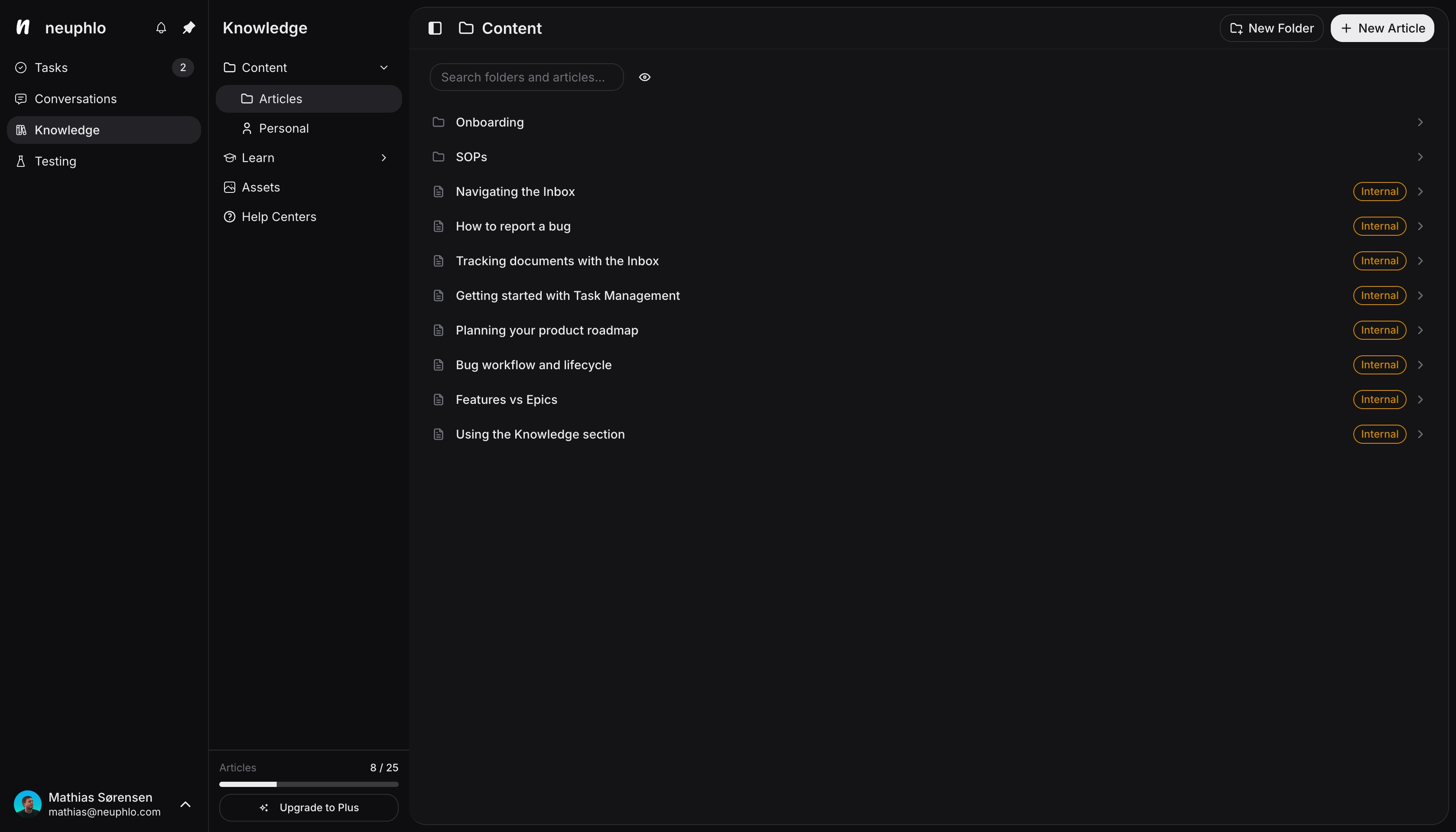 Neuphlo knowledge base with articles and documentation management