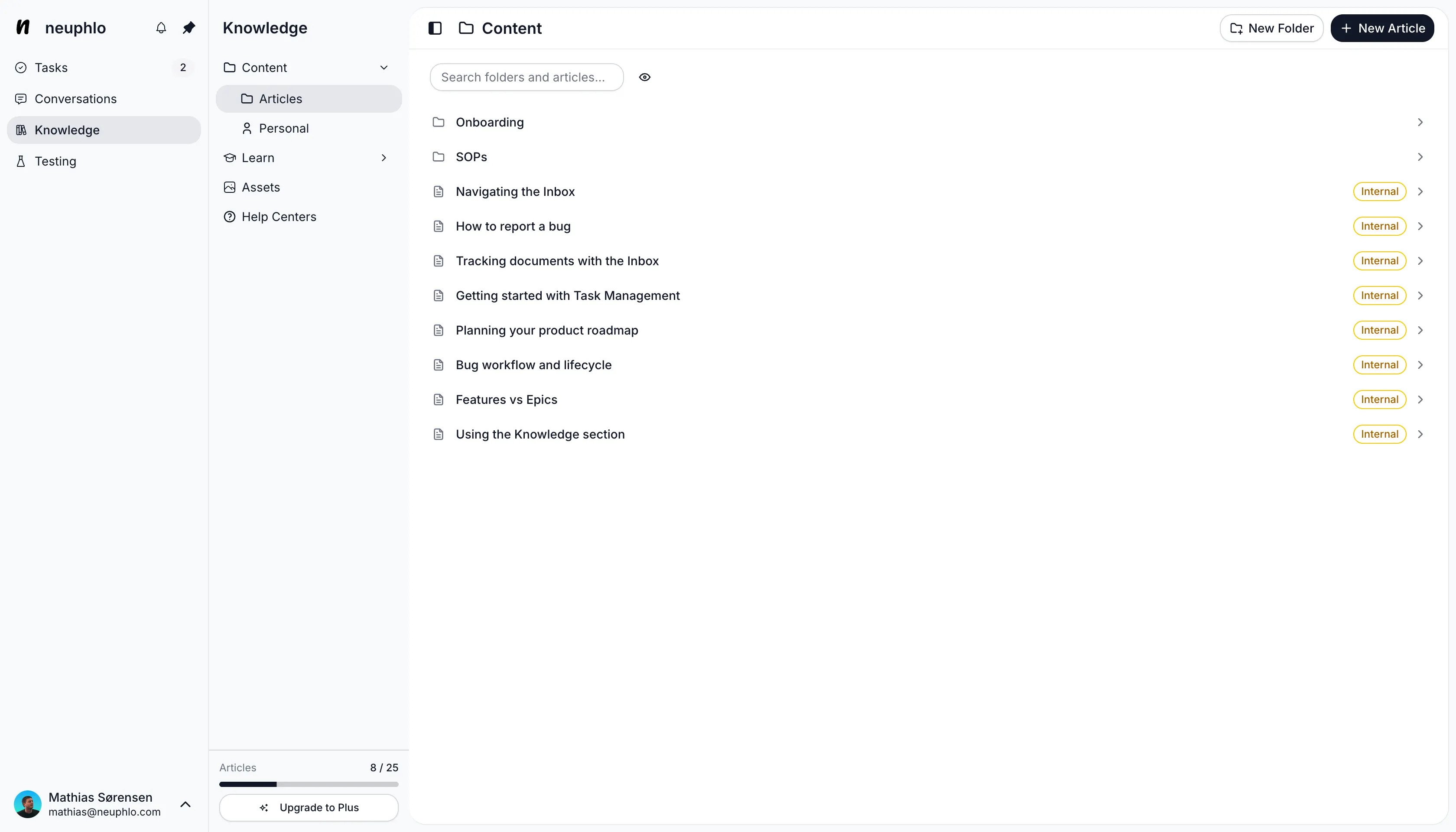 Neuphlo knowledge base with articles and documentation management
