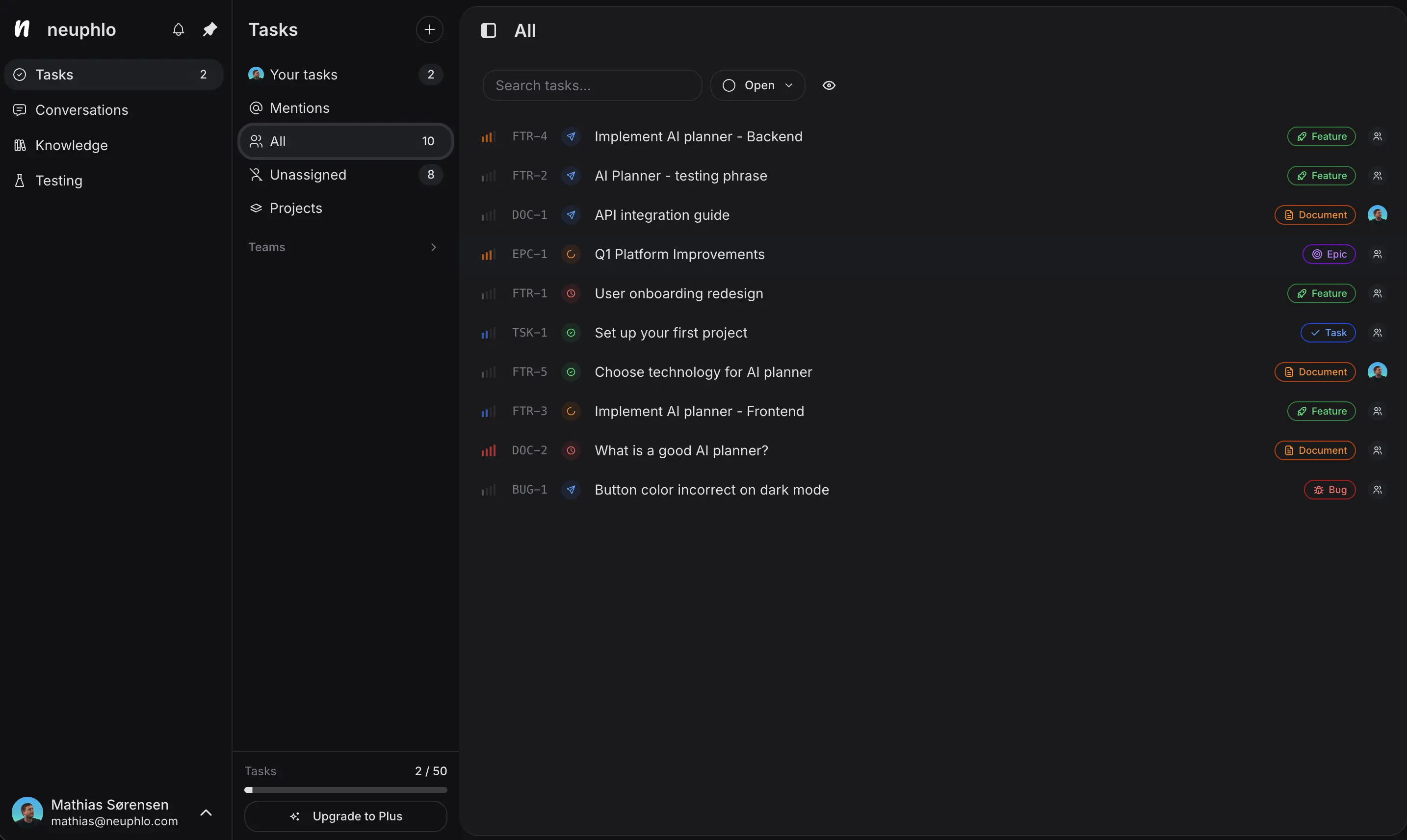 Neuphlo interface showing task management