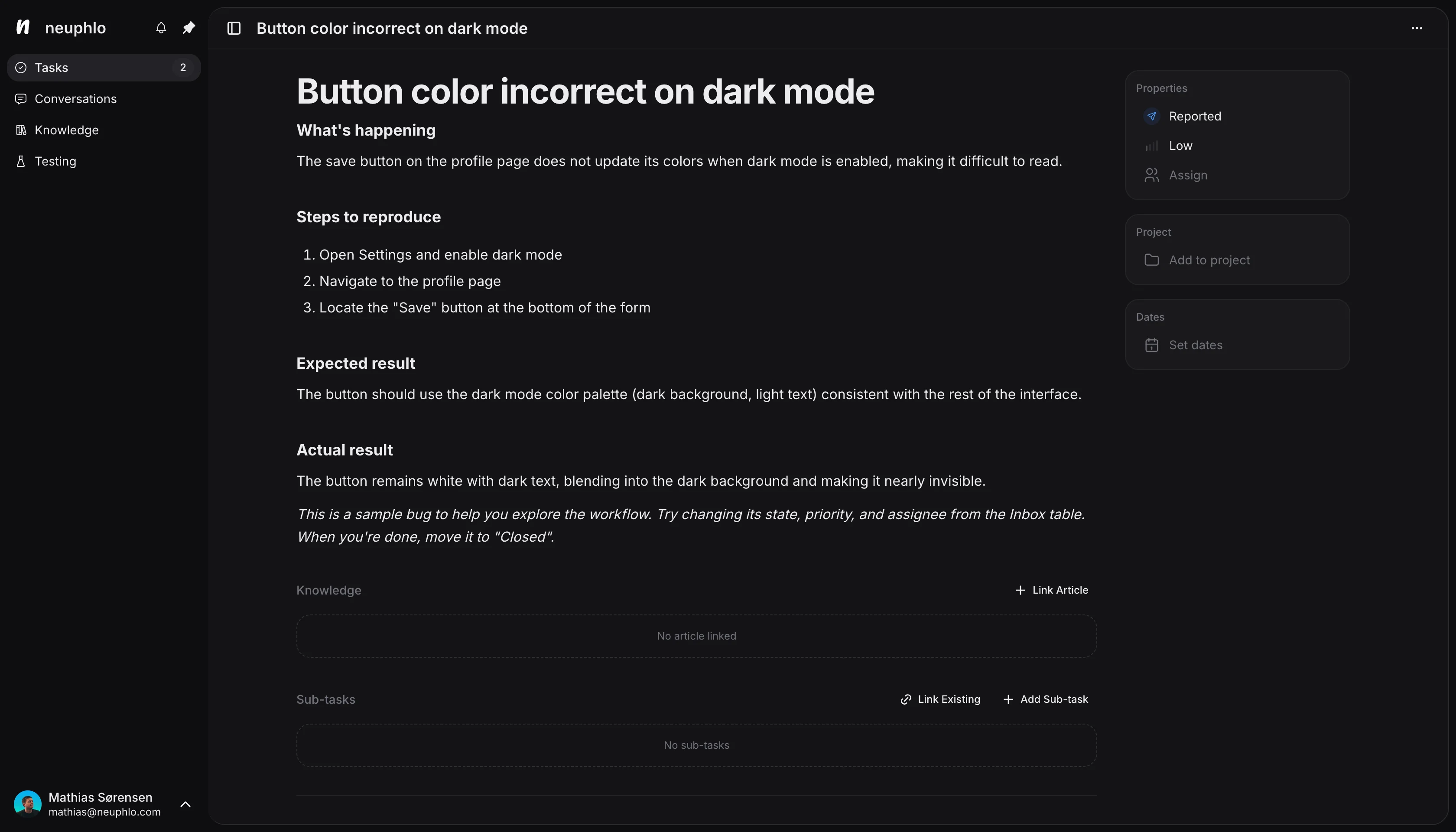 Neuphlo task management interface showing work items with priorities, statuses, and type badges