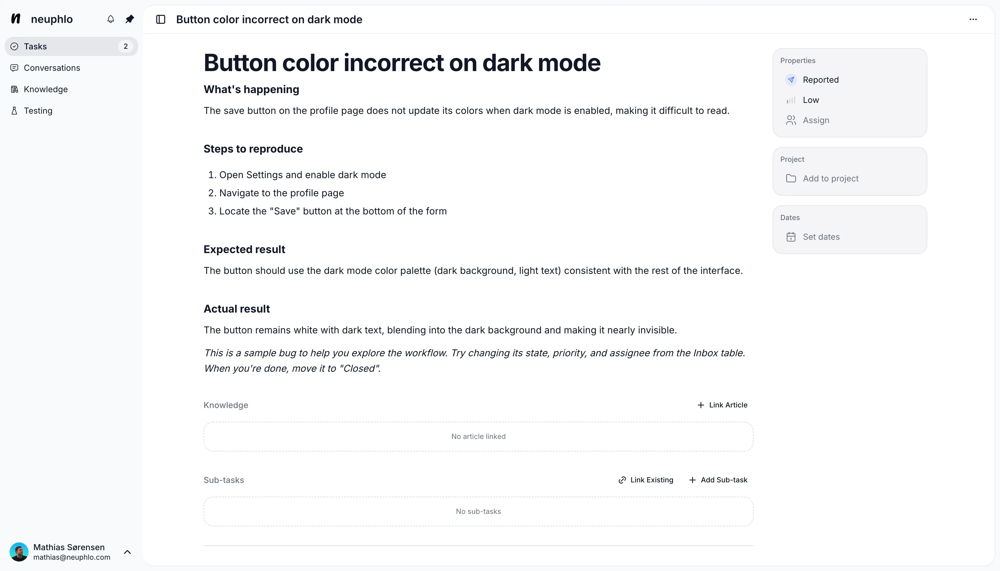 Neuphlo task management interface showing work items with priorities, statuses, and type badges