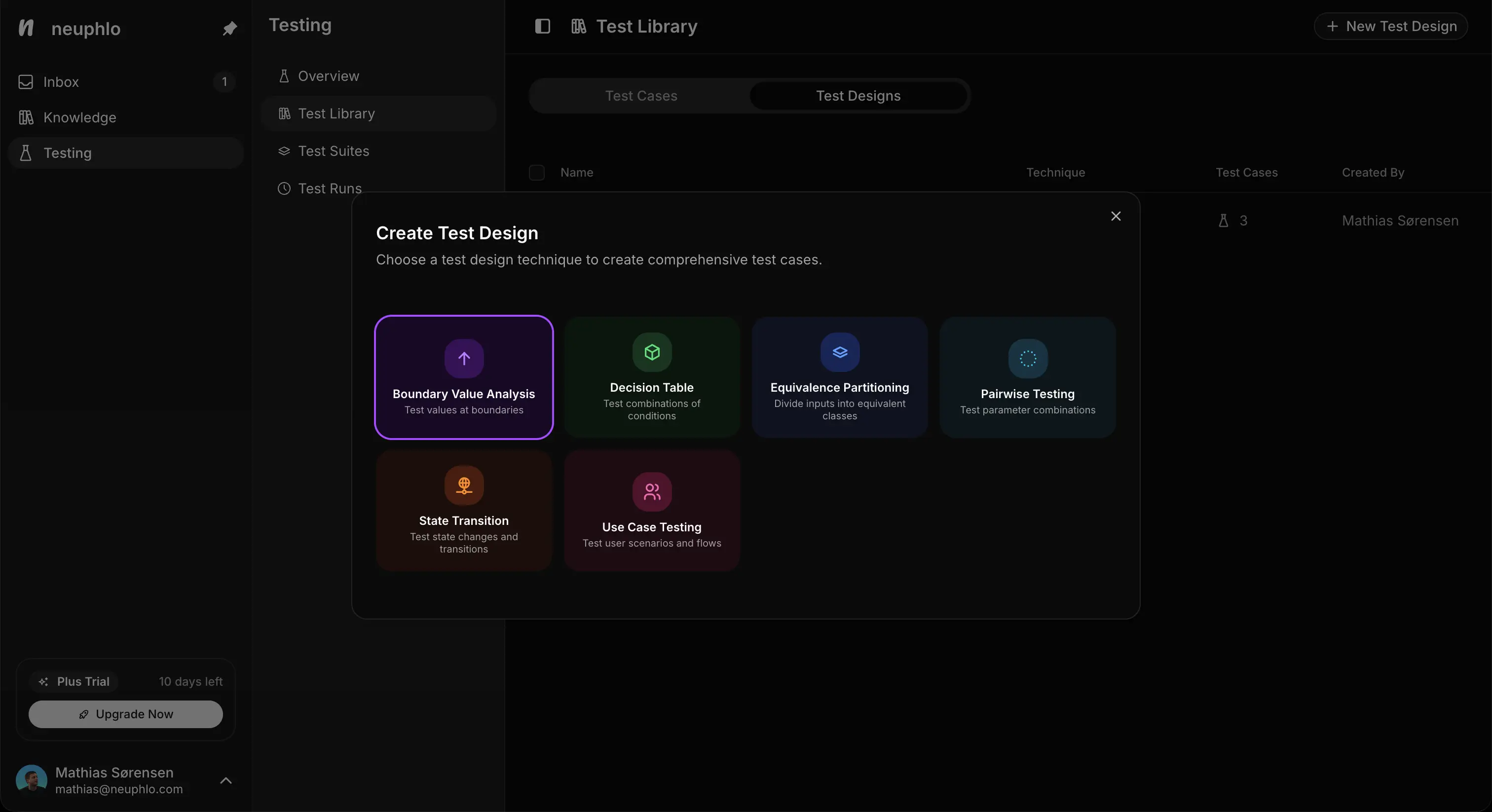 Neuphlo testing interface showing test management
