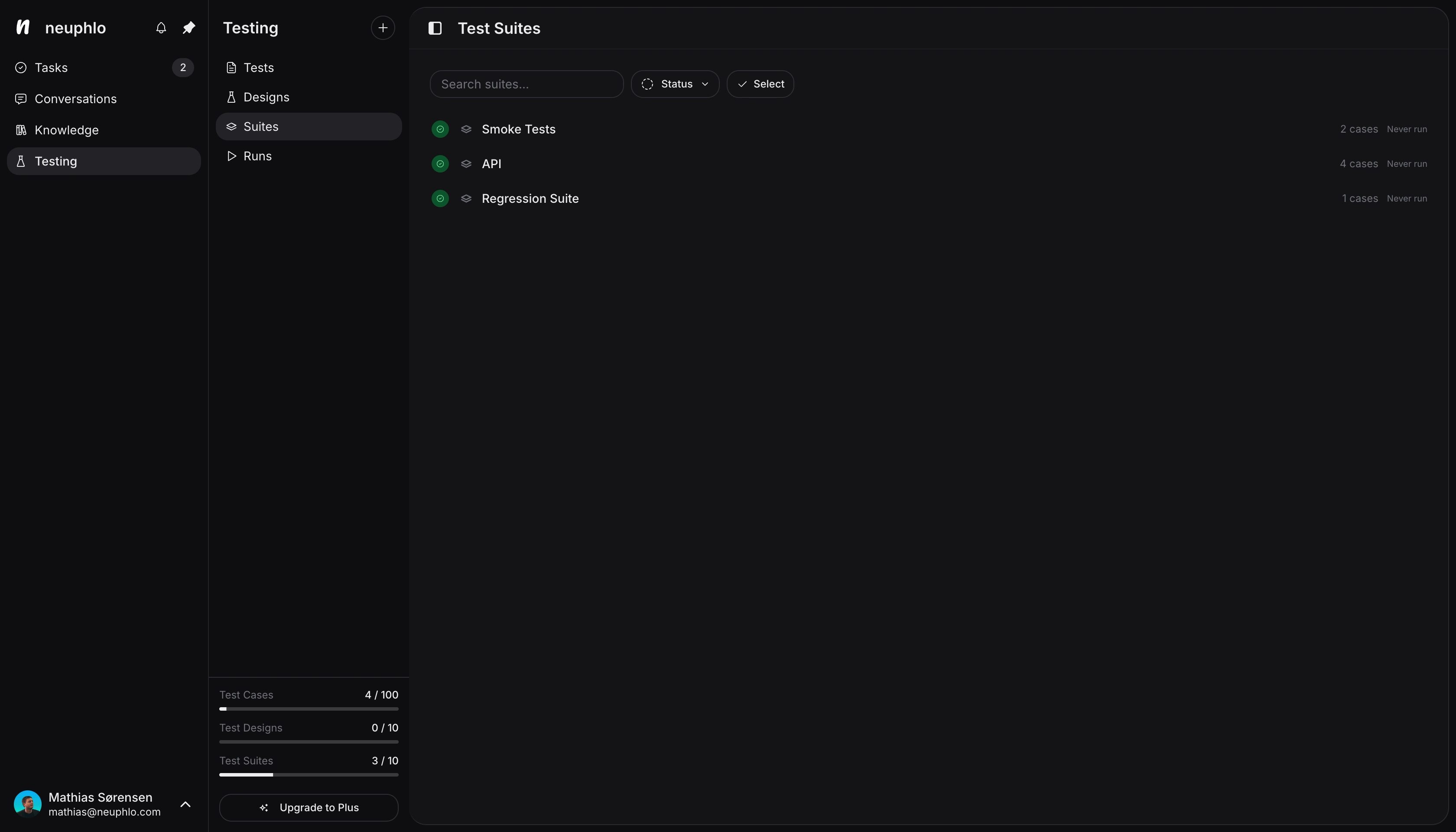 Neuphlo testing interface with test suites and execution results