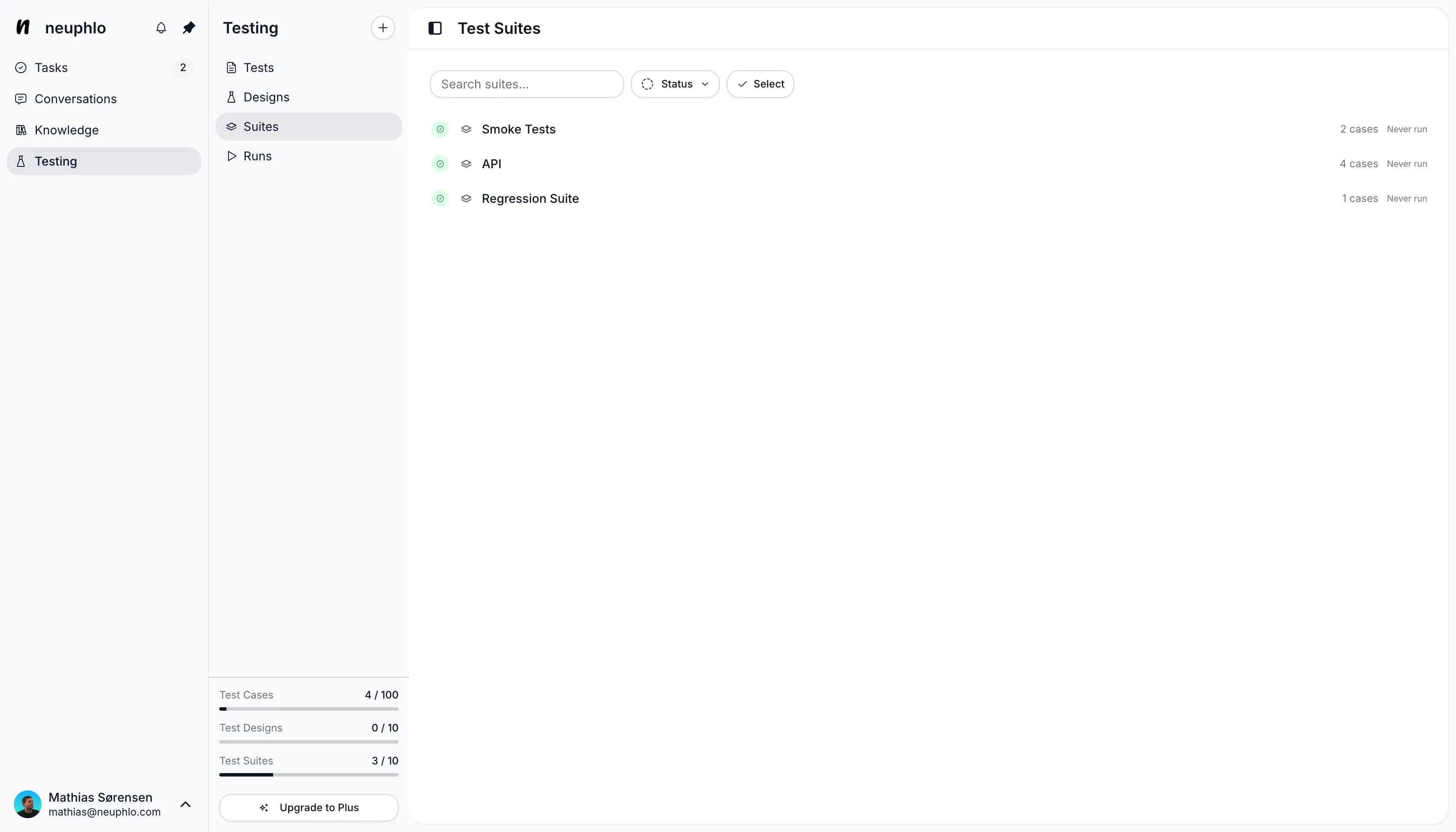 Neuphlo testing interface with test suites and execution results